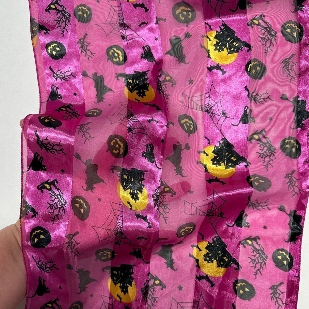 Purple Satin Halloween Scarf Witch Pumpkin Cat Bat Web 61x11.75” Rectangle